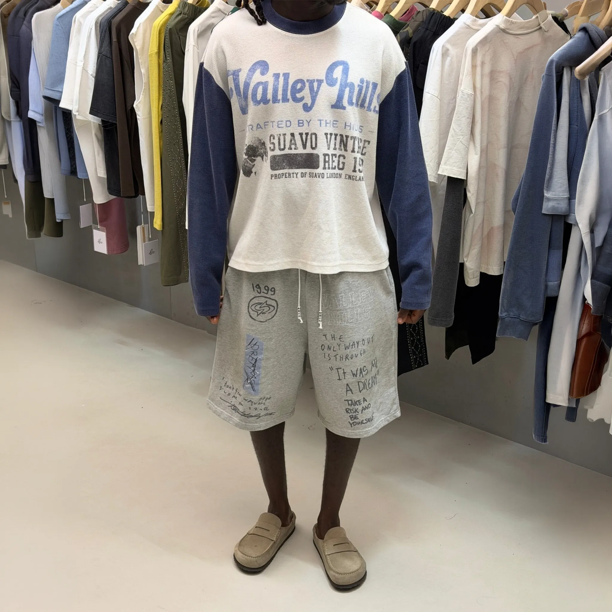 Model View of Suavo London Valley Hills Raglan Waffle L/S T-Shirt